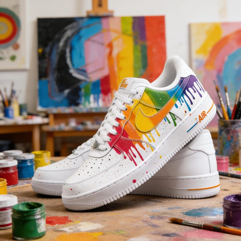 May include: White leather sneakers with a rainbow paint drip design. The shoes feature a yellow Nike swoosh and the word "AIR" in blue. The laces are white, and the soles are white with an orange stripe.
