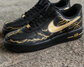 Custom Hand-Painted Sports Sneakers, Black and Gold Air Force 1, Valentine's Day gift