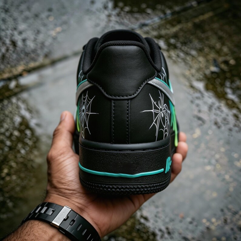 Custom AF1 Spider Drip - Black Hand Painted Sneakers,Spider Web Air Force 1 - Mint Drip Custom Shoes,unique gift for him image 6