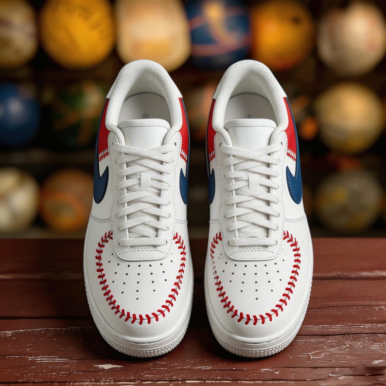 Op de afbeelding: Witte sneakers met rode en blauwe accenten, ge&iuml;nspireerd op honkbal. De schoenen hebben rode stiksels rond de neus en een blauw swoosh-logo. De achtergrond bevat een verzameling honkballen.