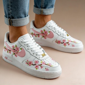 The Peach Orchard Custom AF1,Hand-Painted Romantic Blossom Sneakers , Delicate Soft Pink Petals & Spring Greenery Art image 7