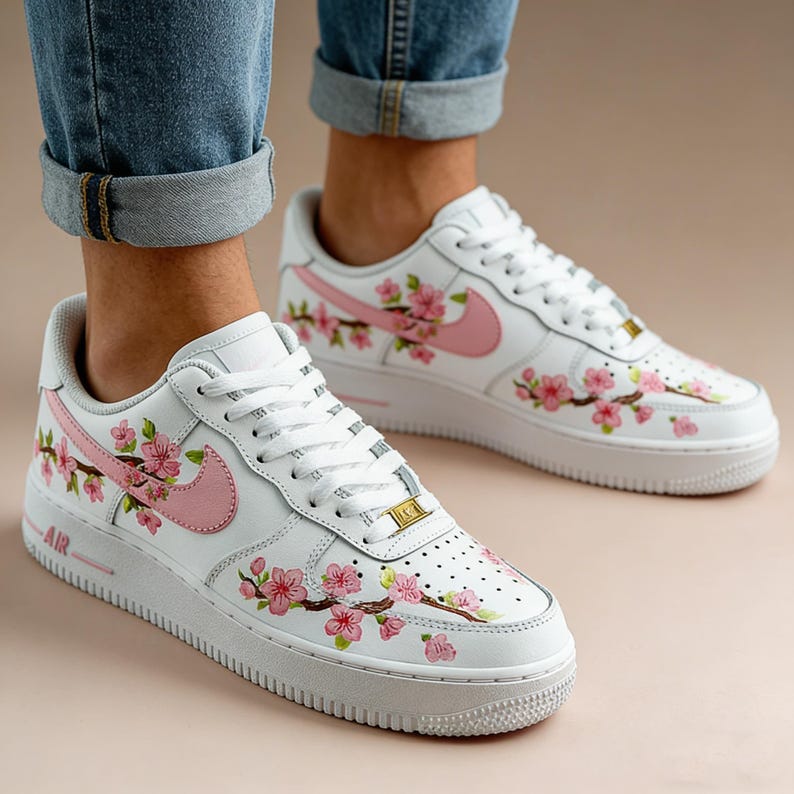 The Peach Orchard Custom AF1,Hand-Painted Romantic Blossom Sneakers , Delicate Soft Pink Petals & Spring Greenery Art image 7