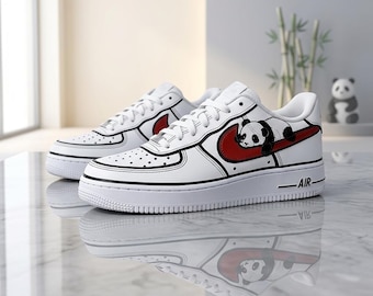 Custom Panda AF1, Hand-painted 2D Cartoon AF1, Panda Art Sneakers,Cartoon Panda Shoes,Hand designed Red Swoosh Custom Sneakers Gift
