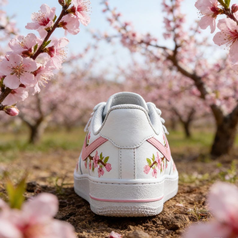 May include: White sneakers with pink accents and floral designs. The shoes feature a low-top design with a white sole and pink detailing. The floral pattern includes pink blossoms and green leaves. The background shows a field of pink flowering trees.