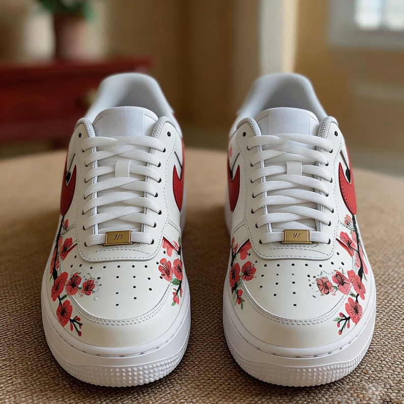 Crimson Bloom Artisan Sneakers - Hand-Drawn Japanese Cherry Blossom AF1 Low - Personalized Aesthetic Gift for Floral Lovers image 5