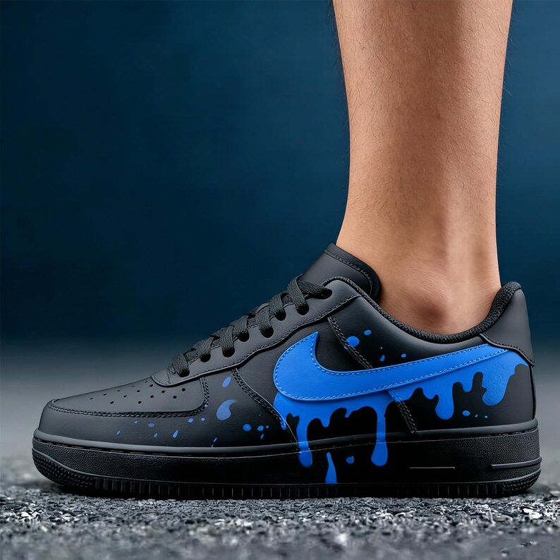 Custom Nike Air Force 1 Electric Cobalt Drip- Hand-Painted Black Noir Sneakers,Streetwear Urban Graffiti Art,Unique Gift for Sneakerheads image 5