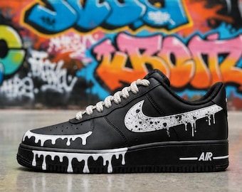 Black&White Splash Sneakers with Rope Laces,Stacked Liquid Drip AF1 with Rope Laces,Graduation Gift for Him