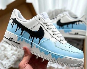 Zapatillas Air Force 1 Blue Drip personalizadas pintadas a mano, zapatillas AF1 personalizadas azul claro para hombre y mujer, Swoosh azul fundido AF1