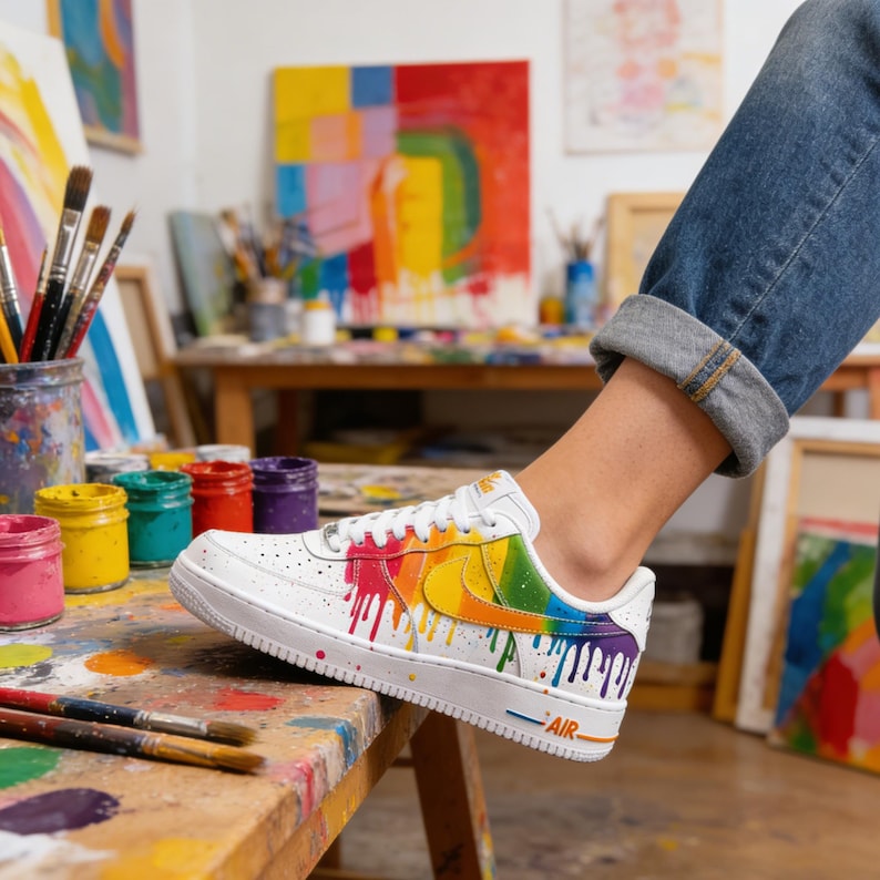May include: White leather sneaker with a rainbow paint drip design. The shoe features a colorful swoosh and the word "AIR" on the side. The sneaker is on a wooden table with paint jars and brushes.