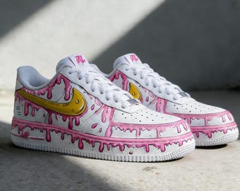 カスタムハンドペイントスポーツスニーカー、ピンクのエアフォース1、カスタムエアフォース1 - ピンクドリップ、バレンタインデーギフト