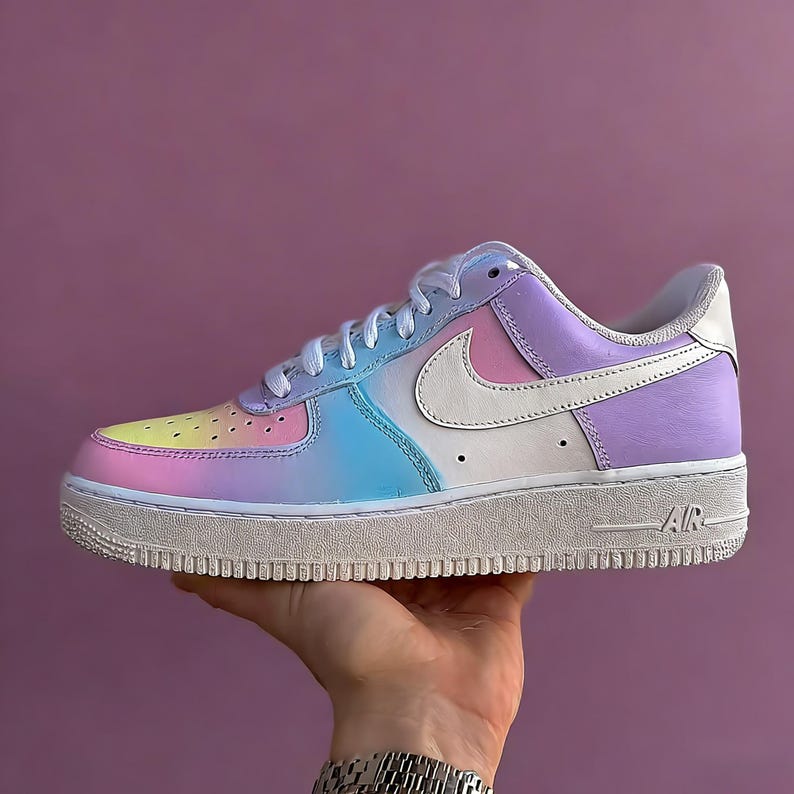 Pastel Dreamscape Custom Sneakers, Hand-Painted Gradient Ombre AF1, Whimsical Unicorn Aesthetic Shoes for Creative Souls，gift for her image 1