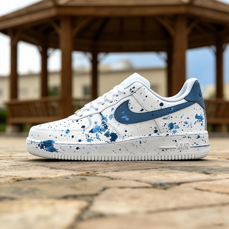Azure Splash Custom Air Force 1, Hand Painted Blue Splatter Sneakers, Original Abstract Art Kicks, Unique Gift for Her Him image 1