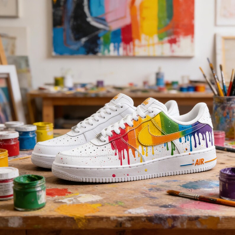 May include: White sneakers with a rainbow paint drip design. The shoes have a white sole, a blue stripe near the sole, and the word "AIR" in white. The Nike swoosh is yellow and orange.