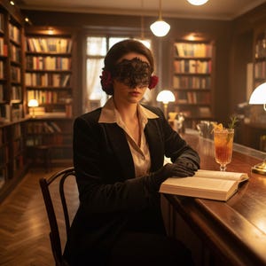 Może przedstawiać: Osoba w czarnej koronkowej masce na oczy i czarnej marynarce siedzi przy drewnianym barze, czytając książkę. W pobliżu stoi koktajl z dodatkami. Tło przedstawia bibliotekę z półkami wypełnionymi książkami.