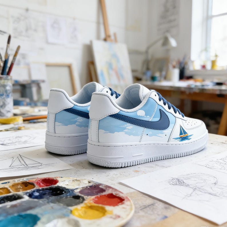 May include: White sneakers with custom sky and sailboat design. The shoes feature a blue Nike swoosh and laces, with a painted sky and sailboat scene on the sides. The shoes are on a table with art supplies.