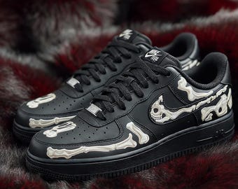 Custom White Skeleton Bone Af1 Sneakers, Hand-Painted Custom AF1 Sneakers