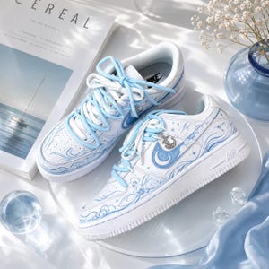 Custom Air Force 1 Blue,Hand Painted Ocean Wave Floral Sneakers, Blue Great Wave Shoes, Gift for her