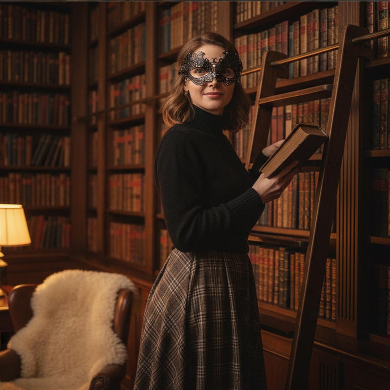 Op de afbeelding: Een persoon in een zwarte coltrui en geruite rok staat in een bibliotheek en houdt een boek vast. Ze draagt een decoratief zwart masker. Boekenkasten en een houten ladder zijn op de achtergrond.