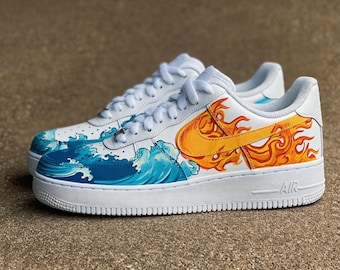 Spersonalizowane buty Nike Air Force 1 – ręcznie malowane ukiyo-e z motywem Wielkiej Fali i Ognia – Elemental Clash AF1, wyjątkowy prezent artystyczny