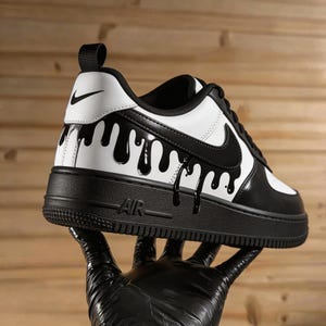Custom Drip Air Force 1, Hand-Painted Liquid Ink Streetwear Sneakers, Black & White Panda AF1 Art, Edgy Urban Graffitied Kicks, Unique Gift image 2