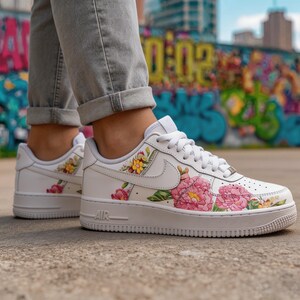 Blooming Peony Hand-Painted Custom AF1 - Detailed Botanical Garden Art Sneakers - Whimsical Floral Statement Shoes for Her image 7