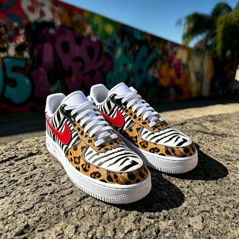 May include: Customised trainers with a distinctive animal print design. The shoes have a white sole, white laces, and a red swoosh. The upper part of the shoe features a combination of zebra and leopard print patterns.