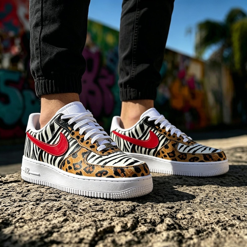 May include: Custom animal print trainers with zebra stripes, leopard spots, and a red swoosh logo. The white-soled shoes have white laces and are worn with black trousers. The design is eye-catching and bold, combining multiple patterns.