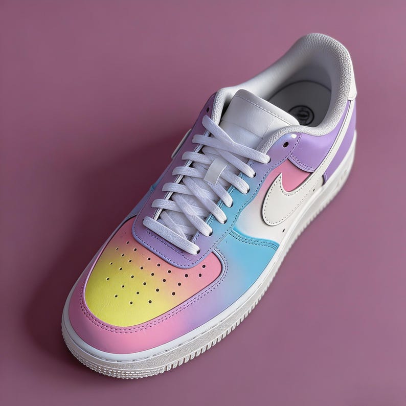 Pastel Dreamscape Custom Sneakers, Hand-Painted Gradient Ombre AF1, Whimsical Unicorn Aesthetic Shoes for Creative Souls，gift for her image 3