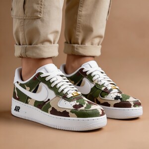 Custom Camo Air Force 1, Handcrafted Suede Military Streetwear Sneakers, Woodland Moss Green & White AF1, Personalized Retro Urban Kicks image 5