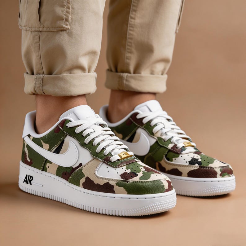 Custom Camo Air Force 1, Handcrafted Suede Military Streetwear Sneakers, Woodland Moss Green & White AF1, Personalized Retro Urban Kicks image 5