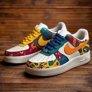 Urban Doodle Asymmetric Custom AF1 - Tênis Pop Art vibrantes pintados à mão - Tênis streetwear únicos e ousados com cores diferentes. imagem 1