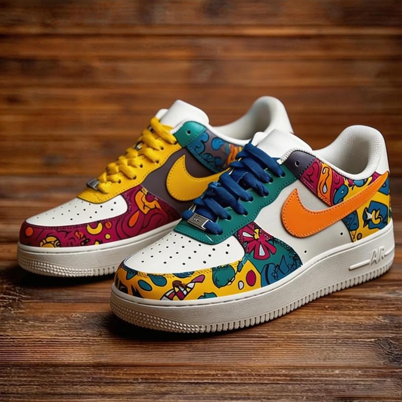 Urban Doodle Asymmetric Custom AF1 - Tênis Pop Art vibrantes pintados à mão - Tênis streetwear únicos e ousados com cores diferentes. imagem 1