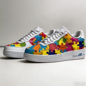 Dopamine Dressing Puzzle Sneakers, Colorful Hand Painted Custom Shoes, Aesthetic Bright Pop Kicks, Wearable Art Shoe Gift for friends image 1