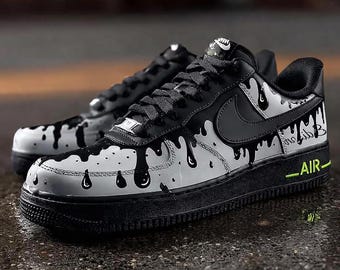 Custom Black&Silver white Drip Air Force 1 Sneaker, Custom Hand Painted Black Drip AF1 Shoes