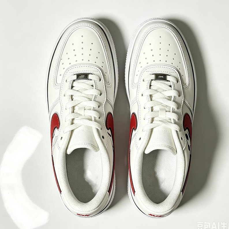 May include: Pair of white leather sneakers with red accents, including a red swoosh logo on the sides. The shoes have white laces, a white sole, and small perforations on the toe box. The design is clean and modern.