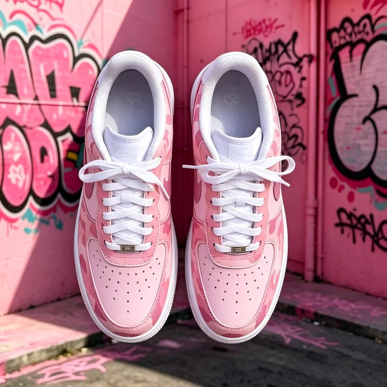 May include: Pair of pink and white sneakers with a camouflage pattern. The shoes have white laces, a white sole, and a small silver tag on the laces. The background is a pink wall with graffiti art.