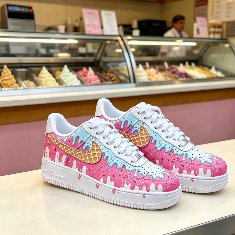 May include: A pair of custom Air Force 1 sneakers with a pink, blue, and white ice cream cone design. The shoes feature a white sole, laces, and accents, with a waffle cone-shaped Nike swoosh.