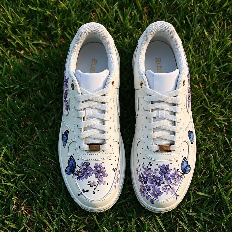Pu&ograve; includere: Un paio di sneakers bianche con disegni floreali e farfalle viola. Le scarpe hanno lacci bianchi, una linguetta bianca e occhielli dorati. Su uno sfondo di erba verde.