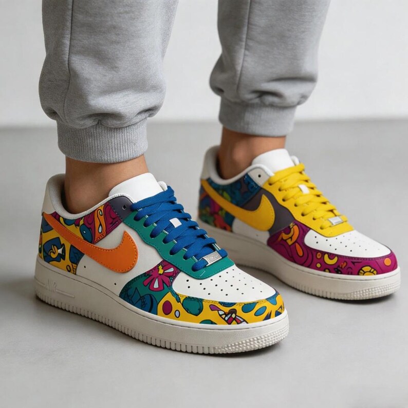 Urban Doodle Asymmetric Custom AF1 - Tênis Pop Art vibrantes pintados à mão - Tênis streetwear únicos e ousados com cores diferentes. imagem 7