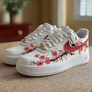 Crimson Bloom Artisan Sneakers - Hand-Drawn Japanese Cherry Blossom AF1 Low - Personalized Aesthetic Gift for Floral Lovers image 1