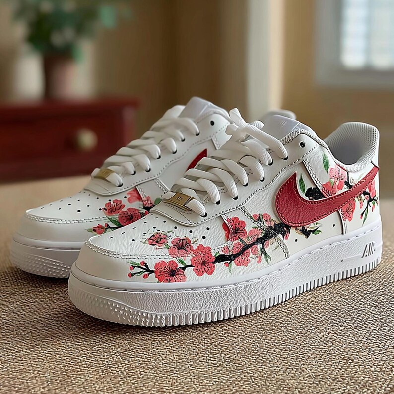 Crimson Bloom Artisan Sneakers - Hand-Drawn Japanese Cherry Blossom AF1 Low - Personalized Aesthetic Gift for Floral Lovers image 1