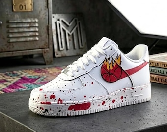 Custom Basketball AF1 Sneakers,Hand-Painted Flaming Hoop & Red Splatter AF1,gift for him