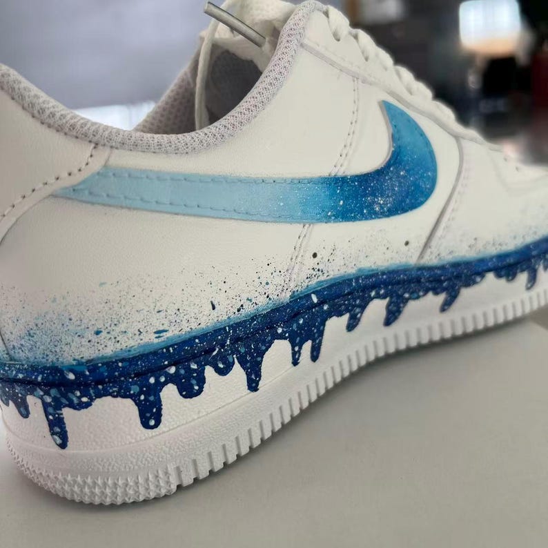 Cyber Cobalt Liquid Motion Sneakers,Hand Painted Gradient Blue Air Force 1, Custom Name Sport Shoes image 2