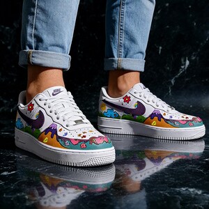 Handmålade specialdesignade AF1 "Fairytale Meadow"-sneakers, färgglada tecknade skor, nyckfulla klotterkonst-kicks för henne, unik konstnärlig gåva bild 5