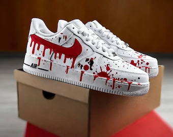 Niestandardowe, ręcznie malowane buty sportowe, czerwone Air Force 1, buty sportowe Drips w kolorze czerwono-czarnym, buty sportowe AF1 na prezent urodzinowy