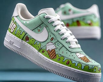 Artisan Hand-Drawn Dessert Dream Sneakers - Minty Drip Pattern Custom AF1,a unique gift