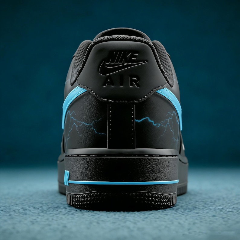 Electric Ice Lightning Custom Nike Air Force 1,Hand-Painted "Midnight Storm" Black Sneakers - Cyberpunk Streetwear Art,Unique Gift for Him image 3