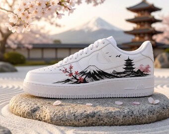 Custom Air Force 1, handgeschilderde Fuji-schoenen, kersenbloesem AF1, inktverfschoenen, Oriental Air Force One, een uniek cadeau