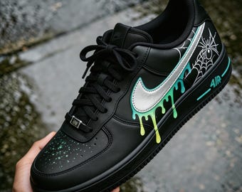 Custom AF1 Spider Drip - zwarte handgeschilderde sneakers, Spider Web Air Force 1 - Mint Drip aangepaste schoenen, uniek cadeau voor hem