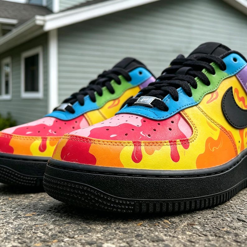 May include: A pair of custom-painted sneakers with a vibrant, colorful design. The shoes feature a black sole, black laces, and a rainbow-themed pattern with red, yellow, orange, and blue hues. The Nike swoosh is black.